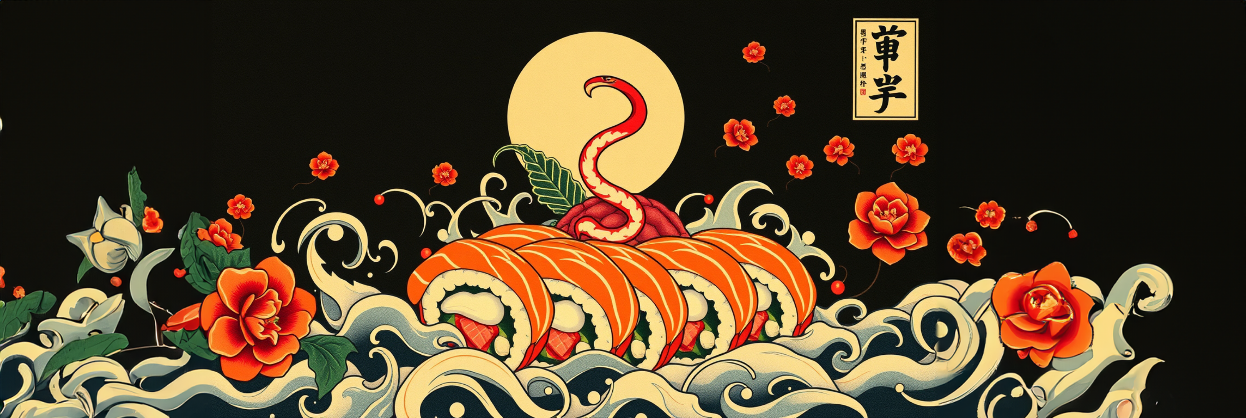 Japanese themed artwork with sushi roll and flowers